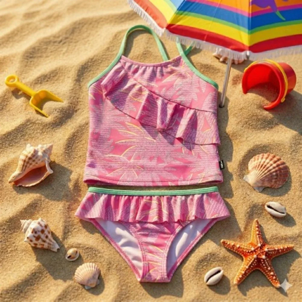Nautica Girls Palm Tree Bikini Set Carmine Rose‎ Size S
